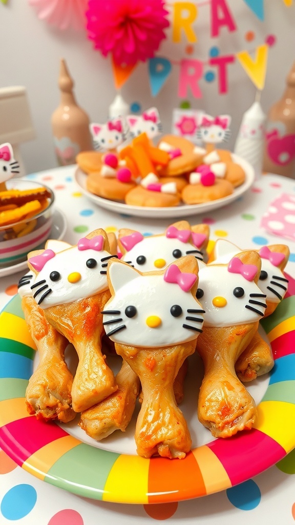 Hello Kitty themed chicken drumsticks decorated with pink and black colors, served on a colorful plate.